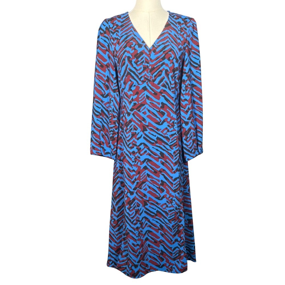 Sfera Collection Abstract Print Midi Dress Size Small Blue Burgundy Long Sleeve